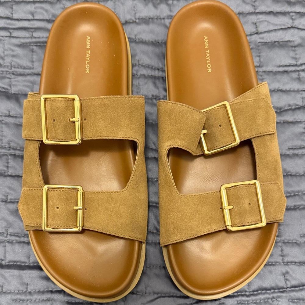 Ann Taylor Tan Suede Sandals with Gold Buckles